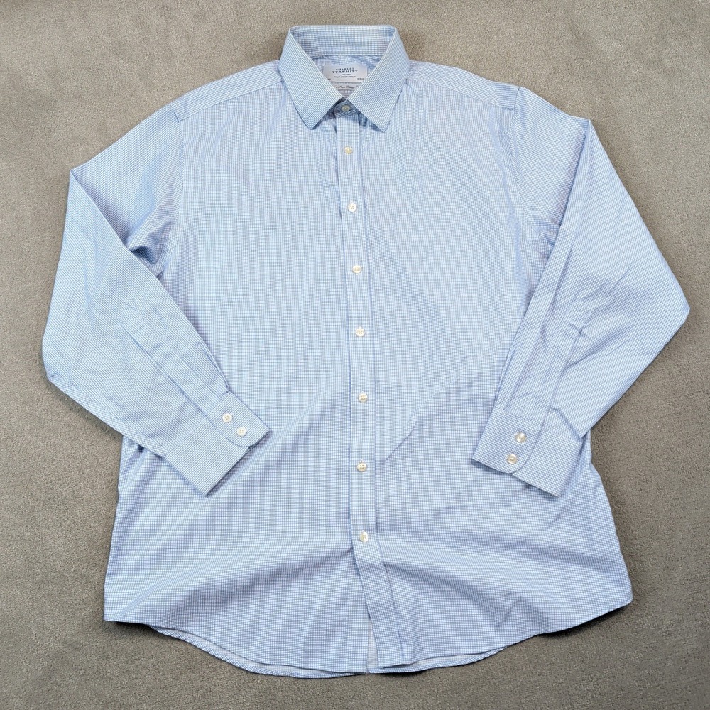 Charles Tyrwhitt Dress Shirt 17/35 Mens Blue White Micro Grid Non Iron Classic